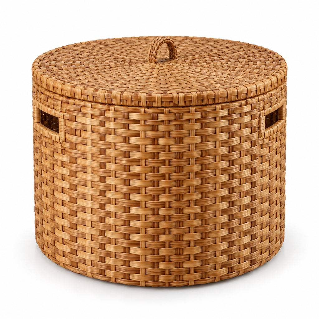 Round Woven Storage Basket with Flat Lift-Off Lid