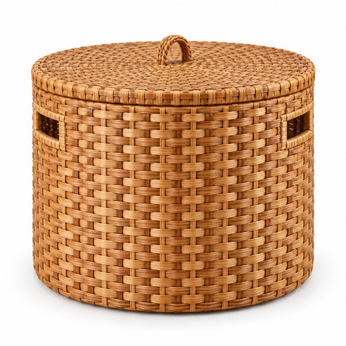 Round Woven Storage Basket with Flat Lift-Off Lid