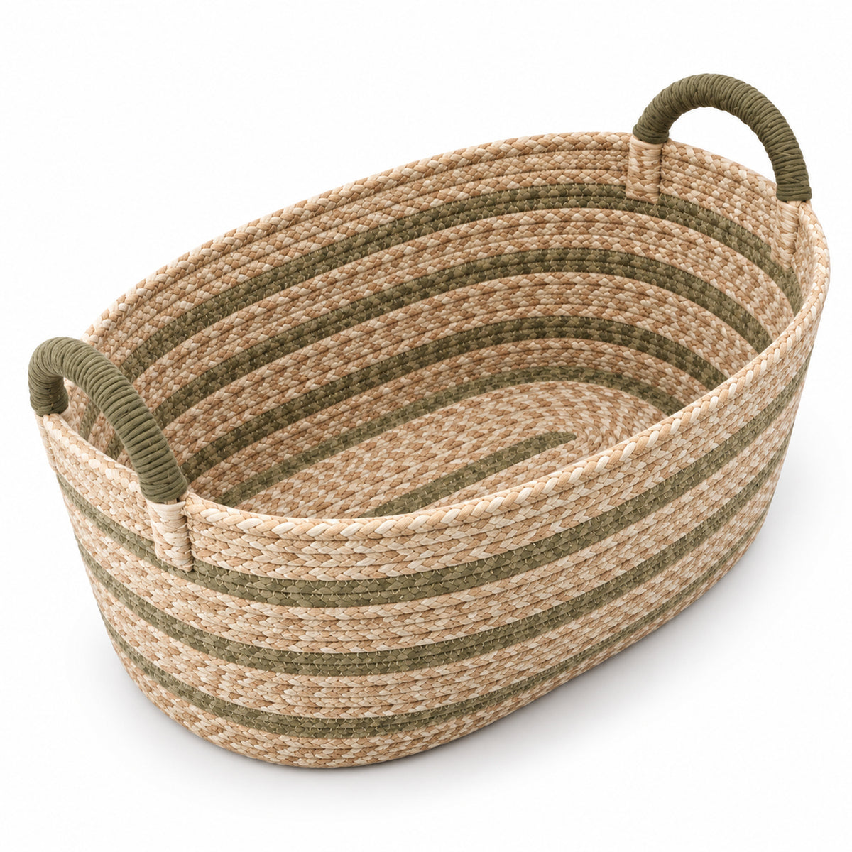 Low Oval Woven Storage Basket with Wrapped Handles