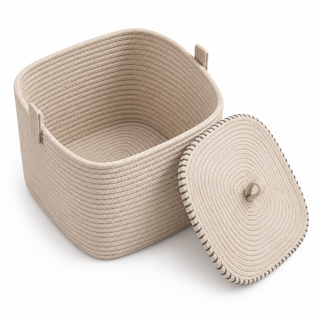 Rounded Square Rope Basket with Fitted Lid