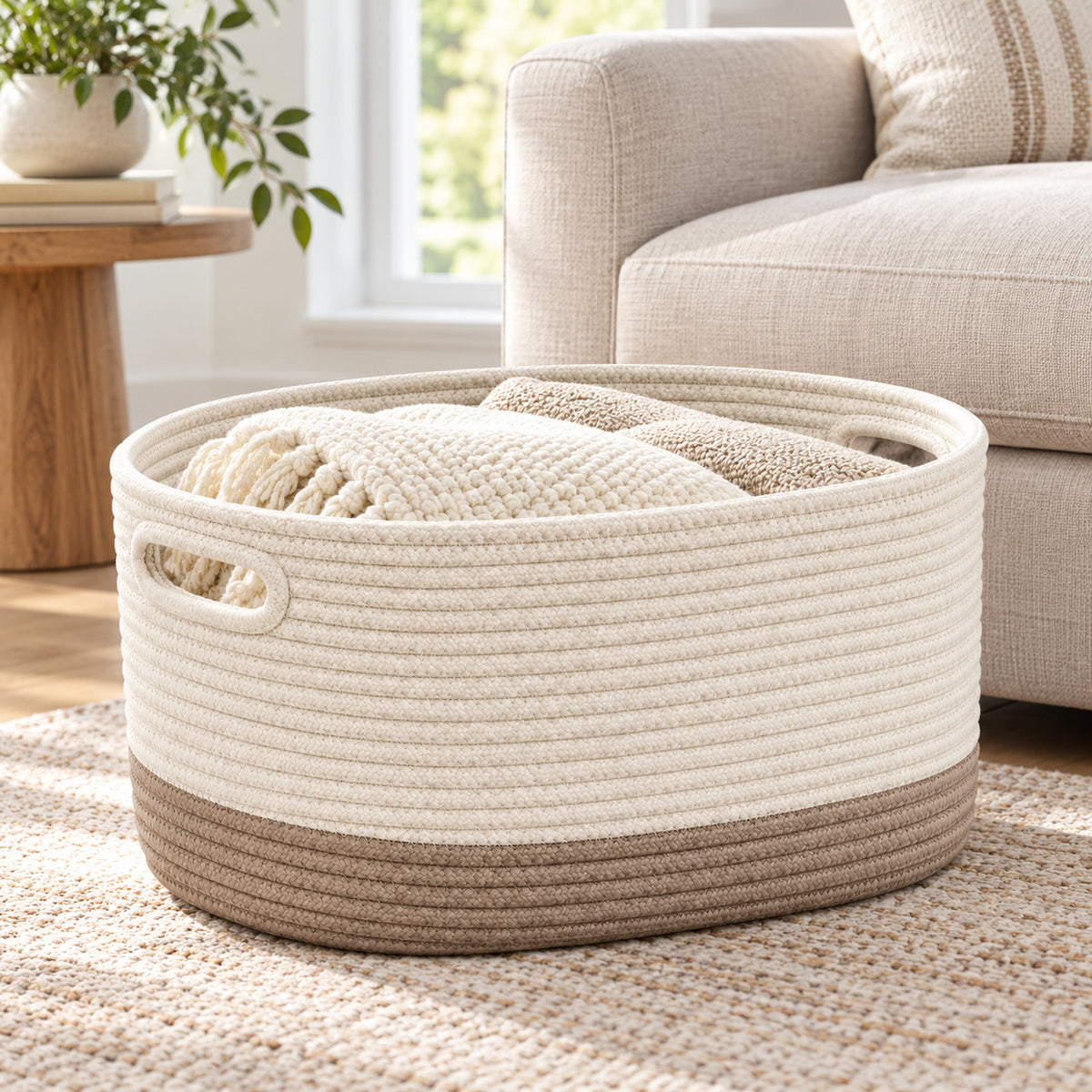 Oval Cotton Rope Storage Basket with Inset Handles