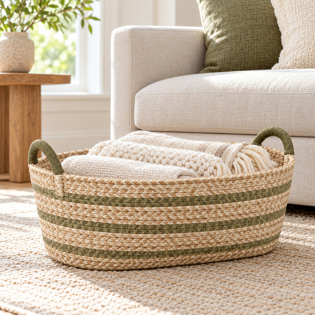 Low Oval Woven Storage Basket with Wrapped Handles