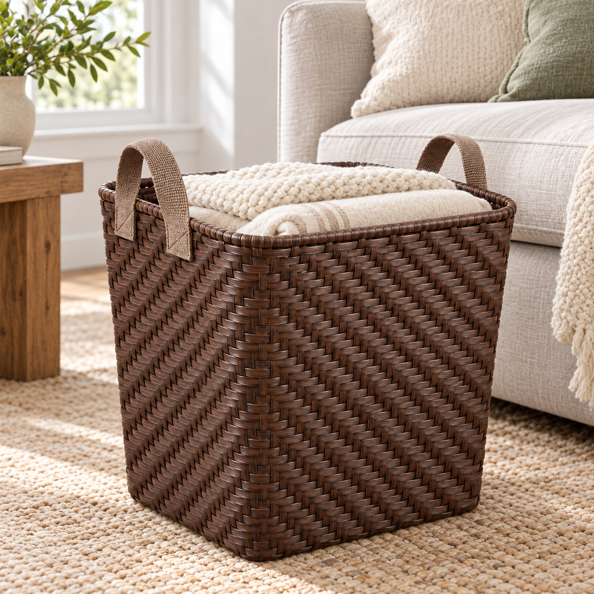 Tall Tapered Woven Storage Basket with Soft Strap Handles