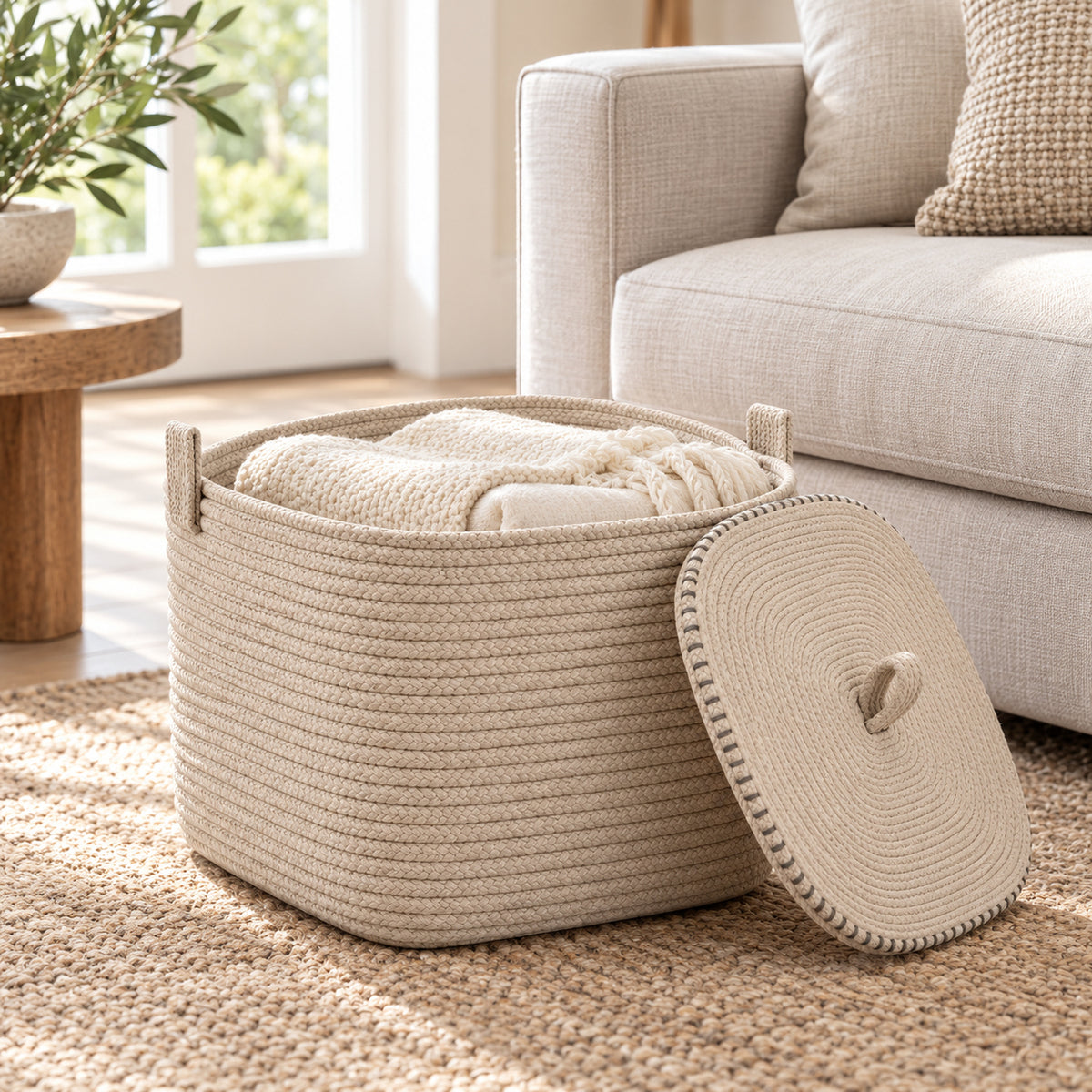 Rounded Square Rope Basket with Fitted Lid