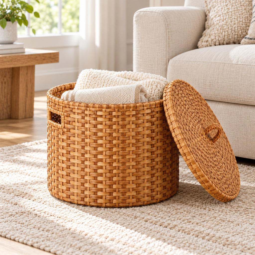 Round Woven Storage Basket with Flat Lift-Off Lid