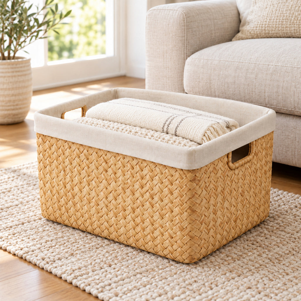 Herringbone Woven Storage Basket with Linen-Blend Liner