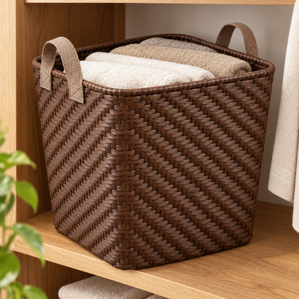 Tall Tapered Woven Storage Basket with Soft Strap Handles