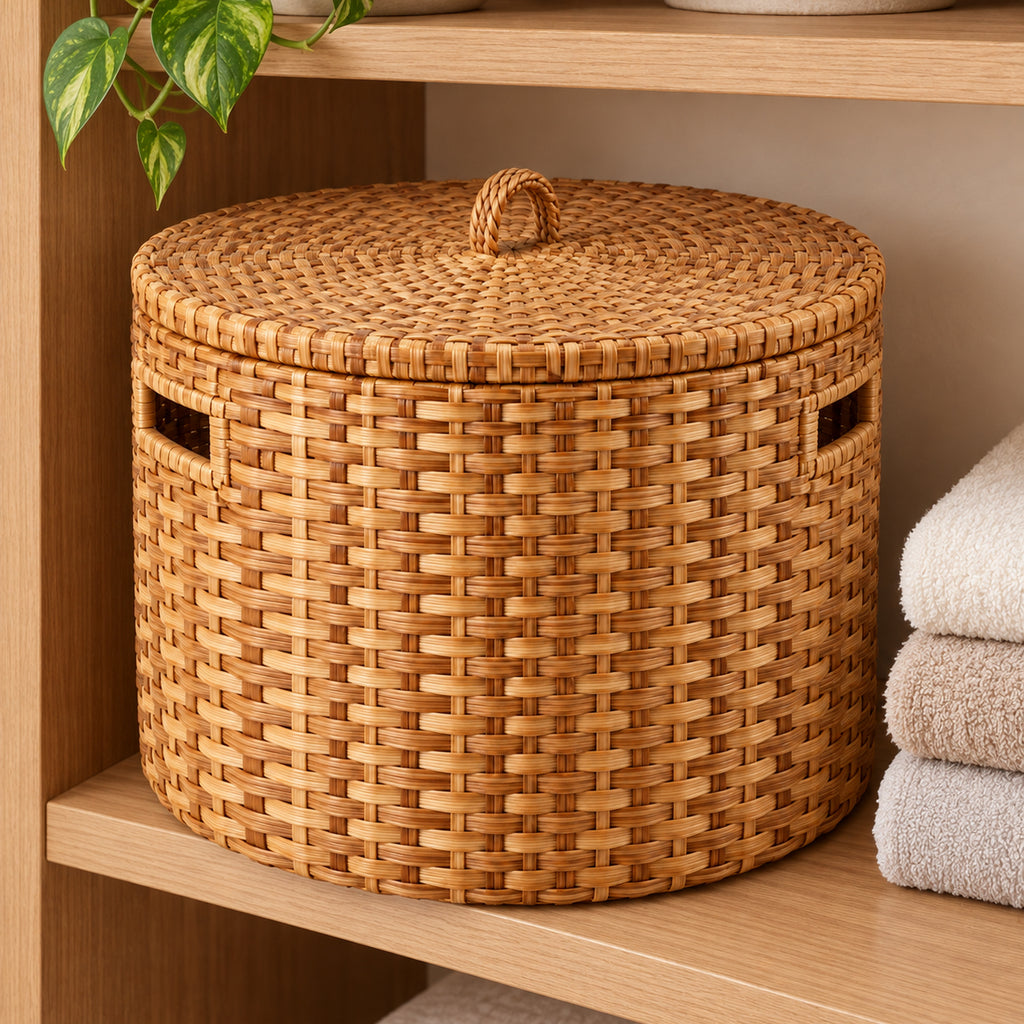Round Woven Storage Basket with Flat Lift-Off Lid