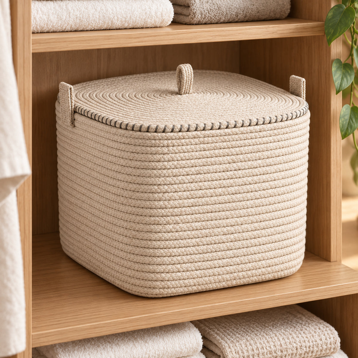 Rounded Square Rope Basket with Fitted Lid