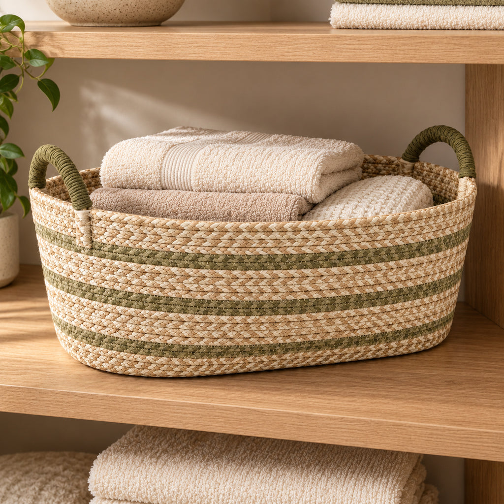 Low Oval Woven Storage Basket with Wrapped Handles