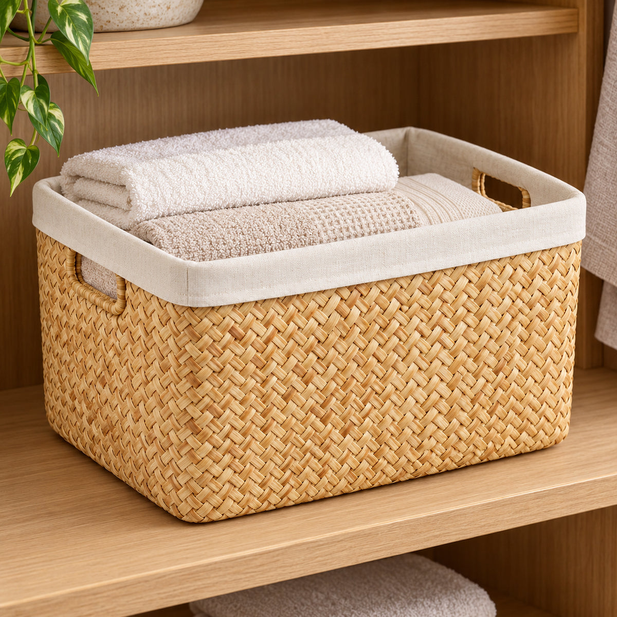 Herringbone Woven Storage Basket with Linen-Blend Liner